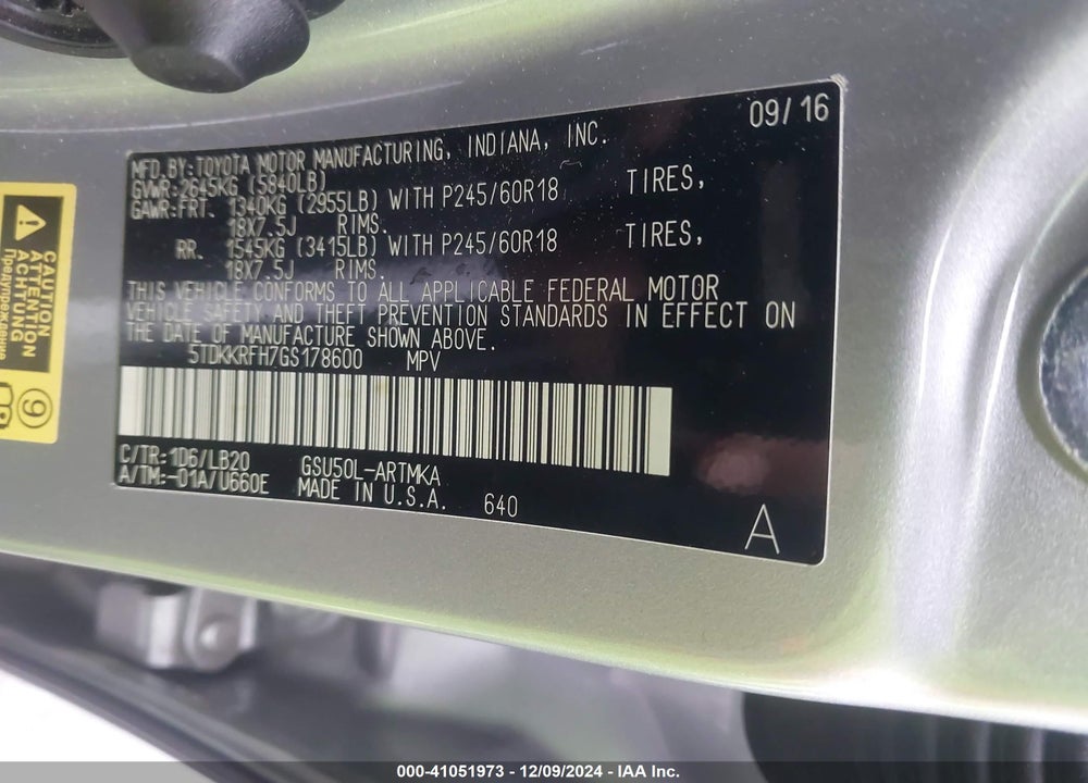 2016 TOYOTA HIGHLANDER XLE V6 VIN: 5TDKKRFH7GS178600
