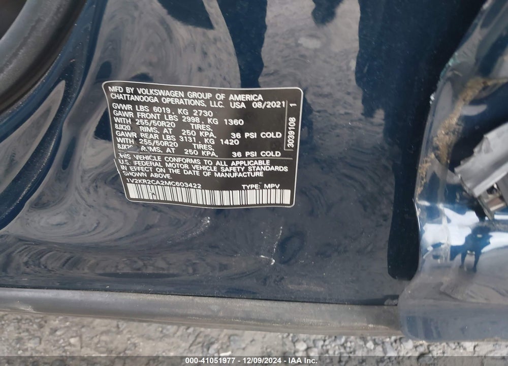2021 VOLKSWAGEN ATLAS 3.6L V6 SE W/TECHNOLOGY VIN: 1V2KR2CA2MC603422