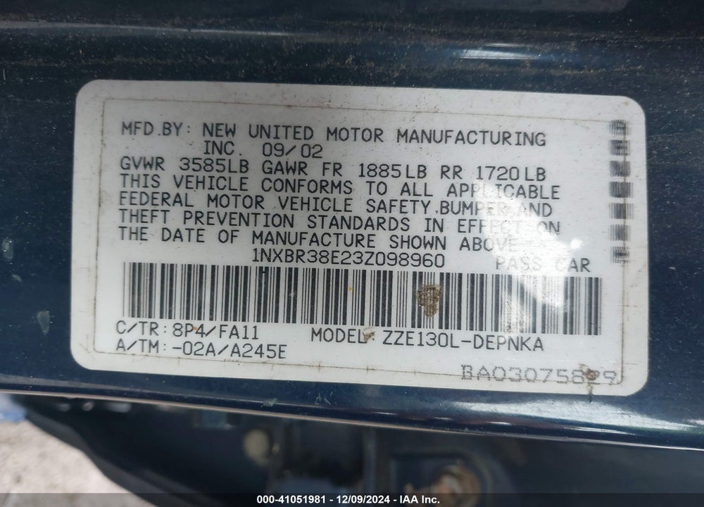 2003 TOYOTA COROLLA LE VIN: 1NXBR38E23Z098960