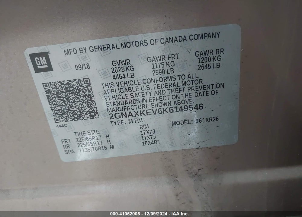 2019 CHEVROLET EQUINOX LT VIN: 2GNAXKEV6K6149546
