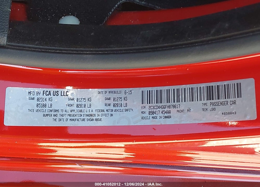 2015 DODGE CHARGER SXT VIN: 2C3CDXHG6FH878617