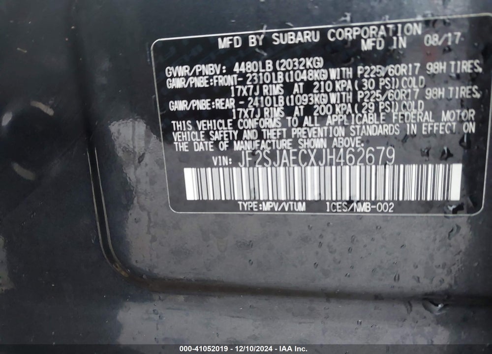 2018 SUBARU FORESTER 2.5I PREMIUM VIN: JF2SJAECXJH462679