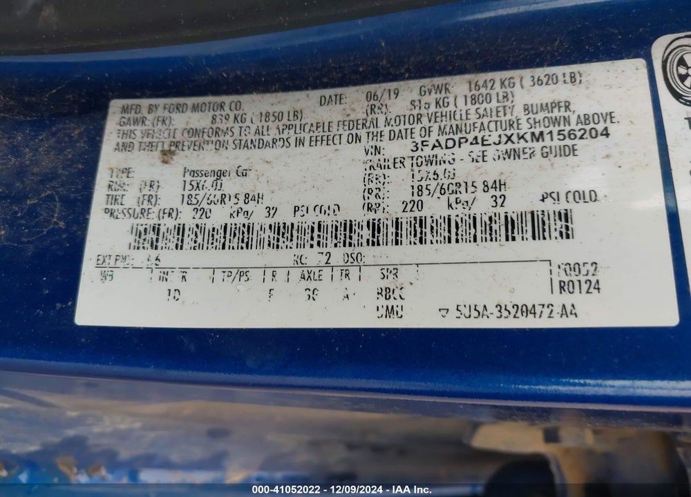 2019 FORD FIESTA VIN: 3FADP4EJXKM156204