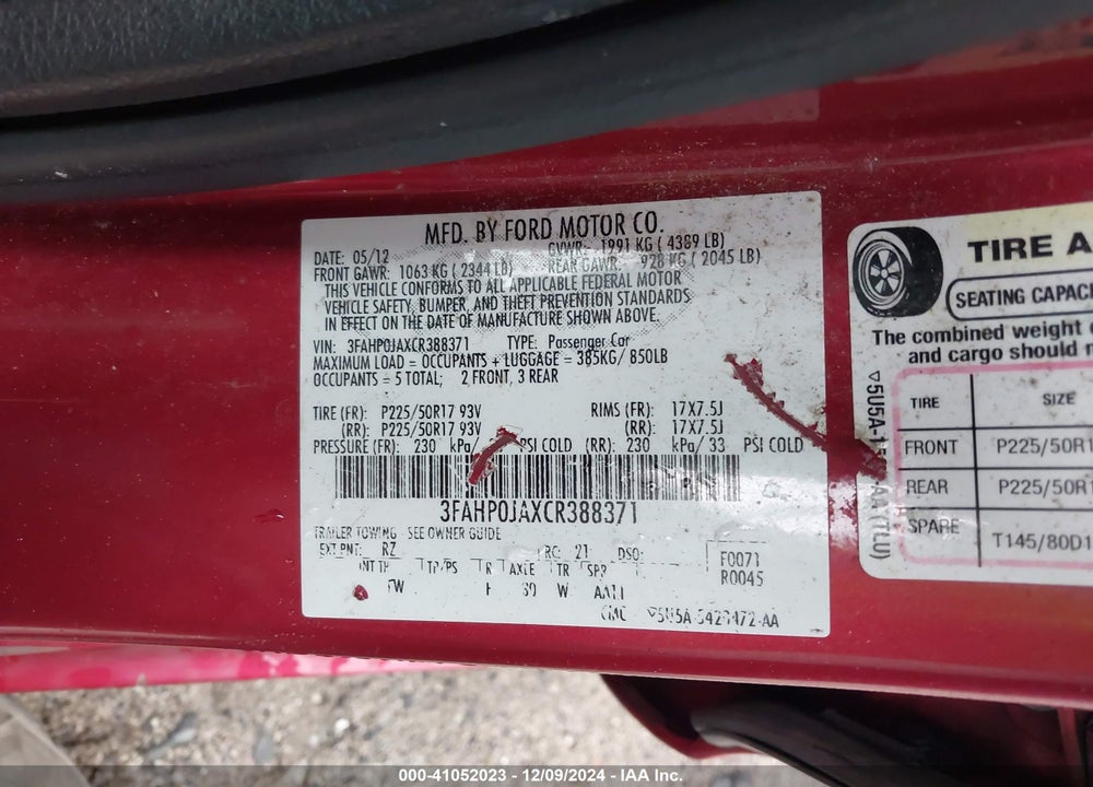 2012 FORD FUSION VIN: 3FAHP0JAXCR388371