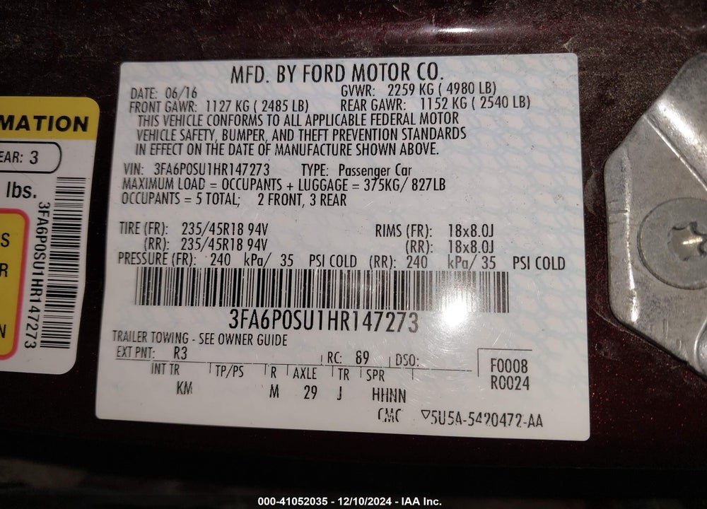 2017 FORD FUSION ENERGI VIN: 3FA6P0SU1HR147273
