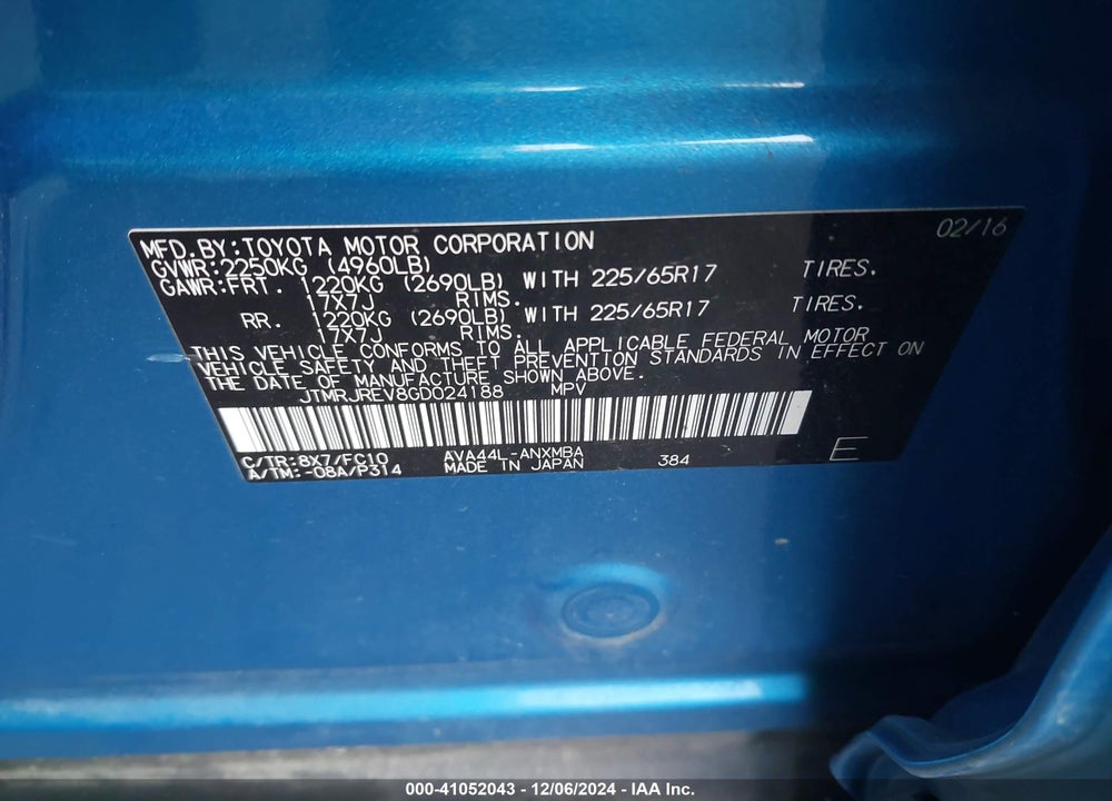 2016 TOYOTA RAV4 HYBRID XLE VIN: JTMRJREV8GD024188