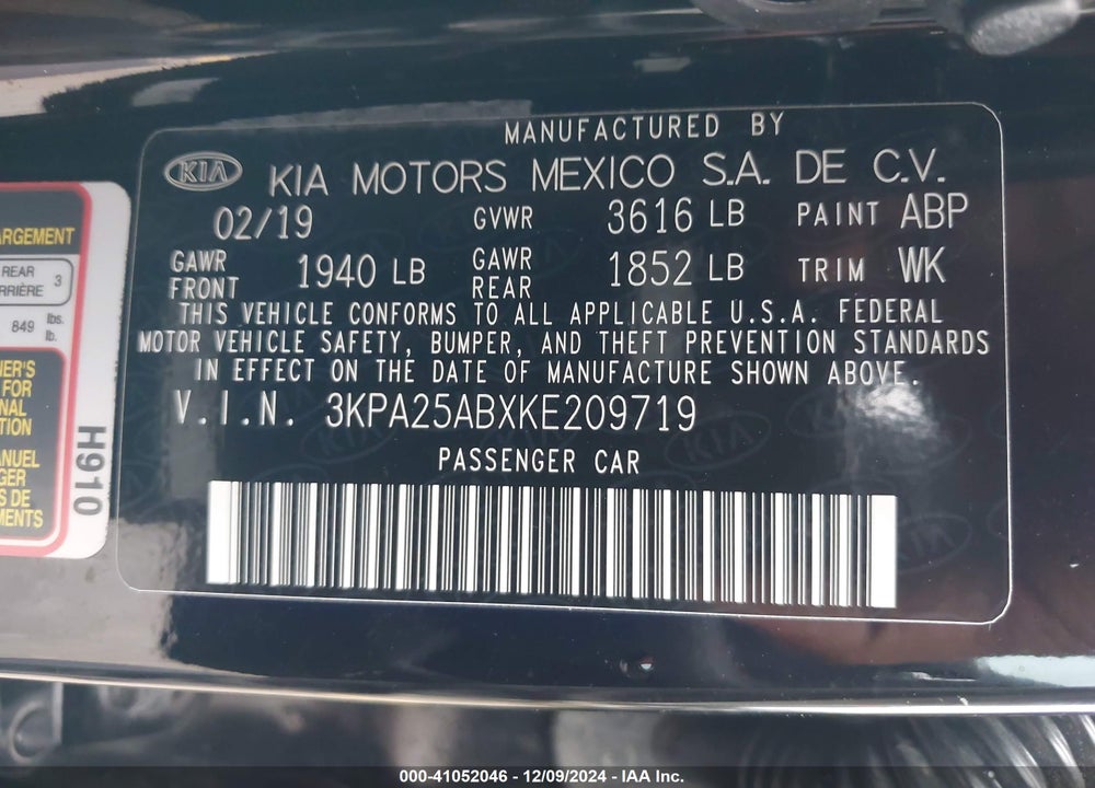 2019 KIA RIO 5-DOOR S VIN: 3KPA25ABXKE209719