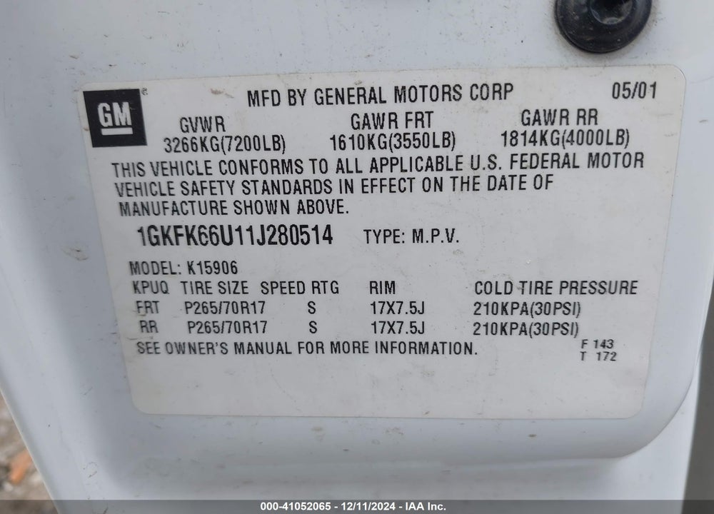 2001 GMC YUKON XL 1500 DENALI VIN: 1GKFK66U11J280514