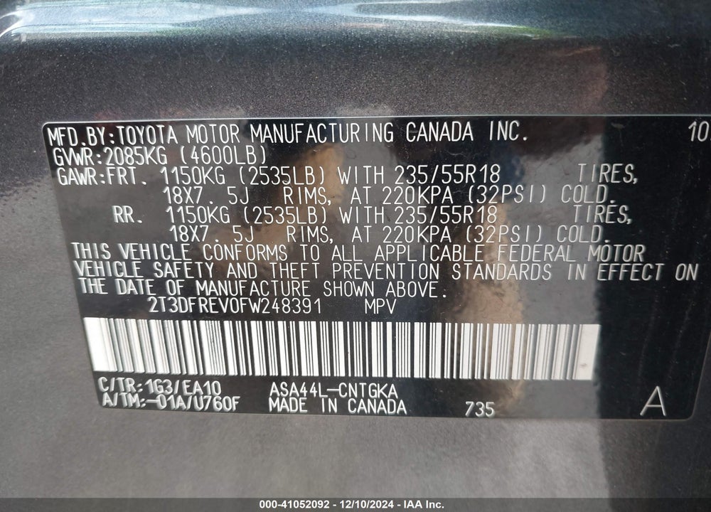 2015 TOYOTA RAV4 LIMITED VIN: 2T3DFREV0FW248391