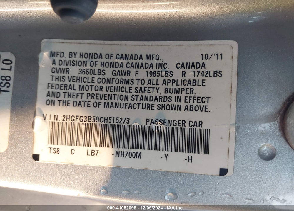 2012 HONDA CIVIC LX VIN: 2HGFG3B59CH515273