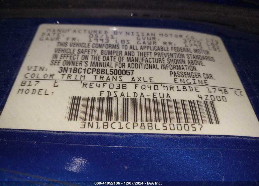 2011 NISSAN VERSA 1.8S VIN: 3N1BC1CP8BL500057