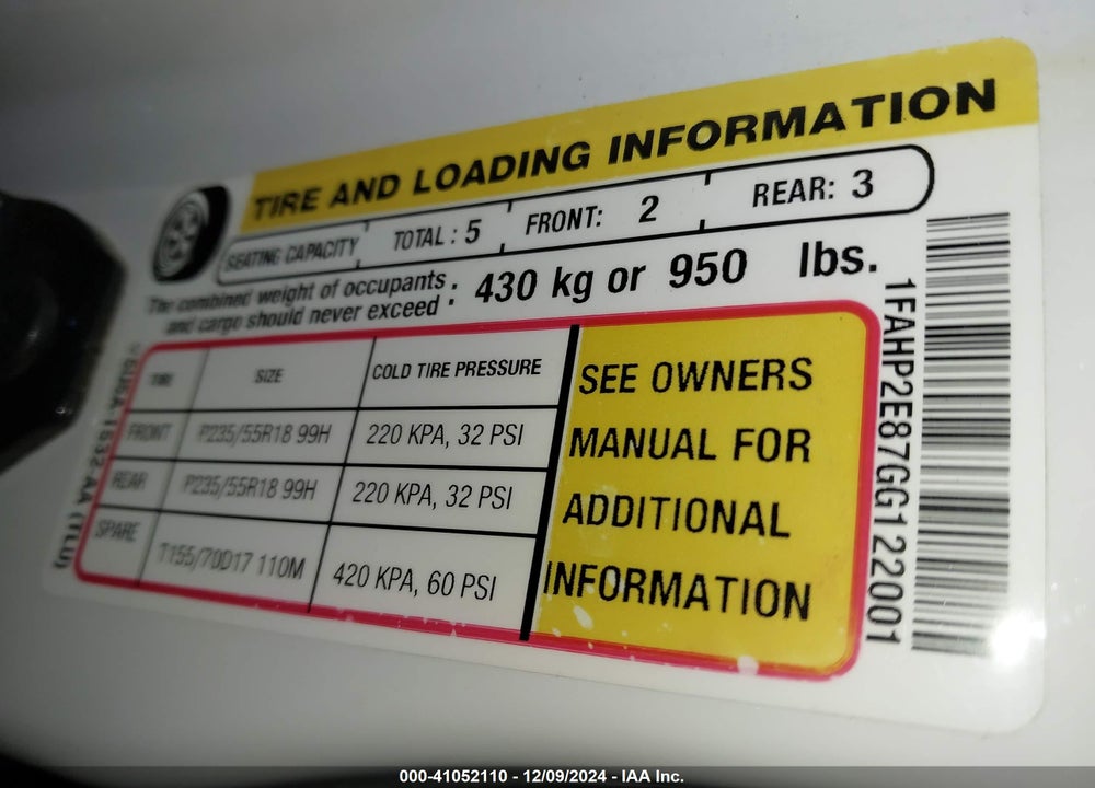 2016 FORD TAURUS SEL VIN: 1FAHP2E87GG122001