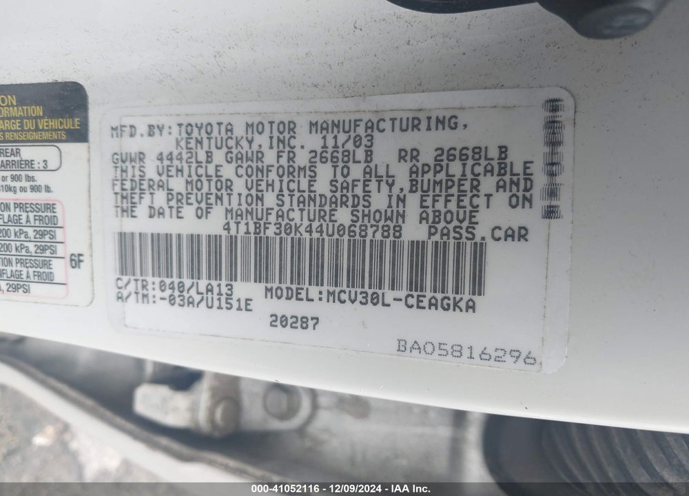 2004 TOYOTA CAMRY XLE V6 VIN: 4T1BF30K44U068788