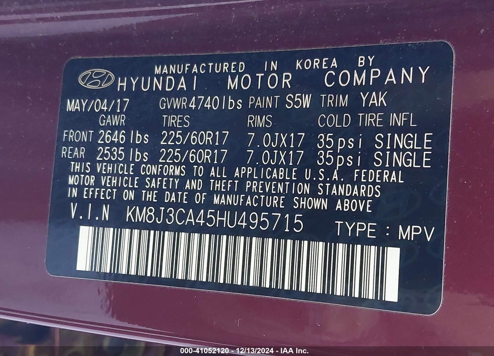 2017 HYUNDAI TUCSON SE VIN: KM8J3CA45HU495715