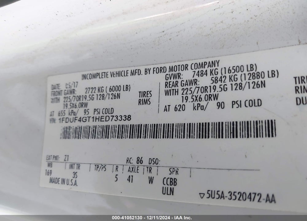 2017 FORD F-450 CHASSIS XLT VIN: 1FDUF4GT1HED73338