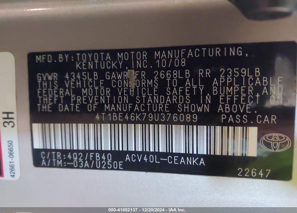 2009 TOYOTA CAMRY VIN: 4T1BE46K79U376089