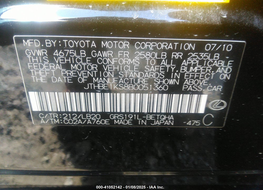2011 LEXUS GS 350 VIN: JTHBE1KS8B0051360