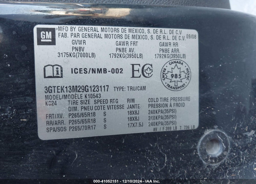 2009 GMC SIERRA 1500 VIN: 3GTEK13M29G123117