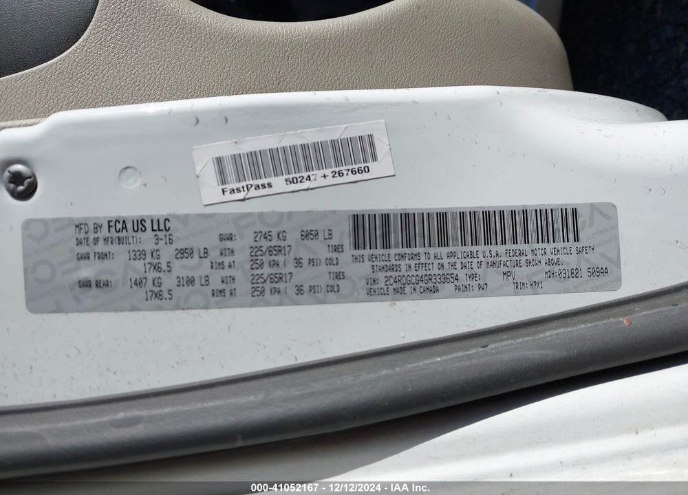 2016 DODGE GRAND CARAVAN SXT VIN: 2C4RDGCG4GR333654