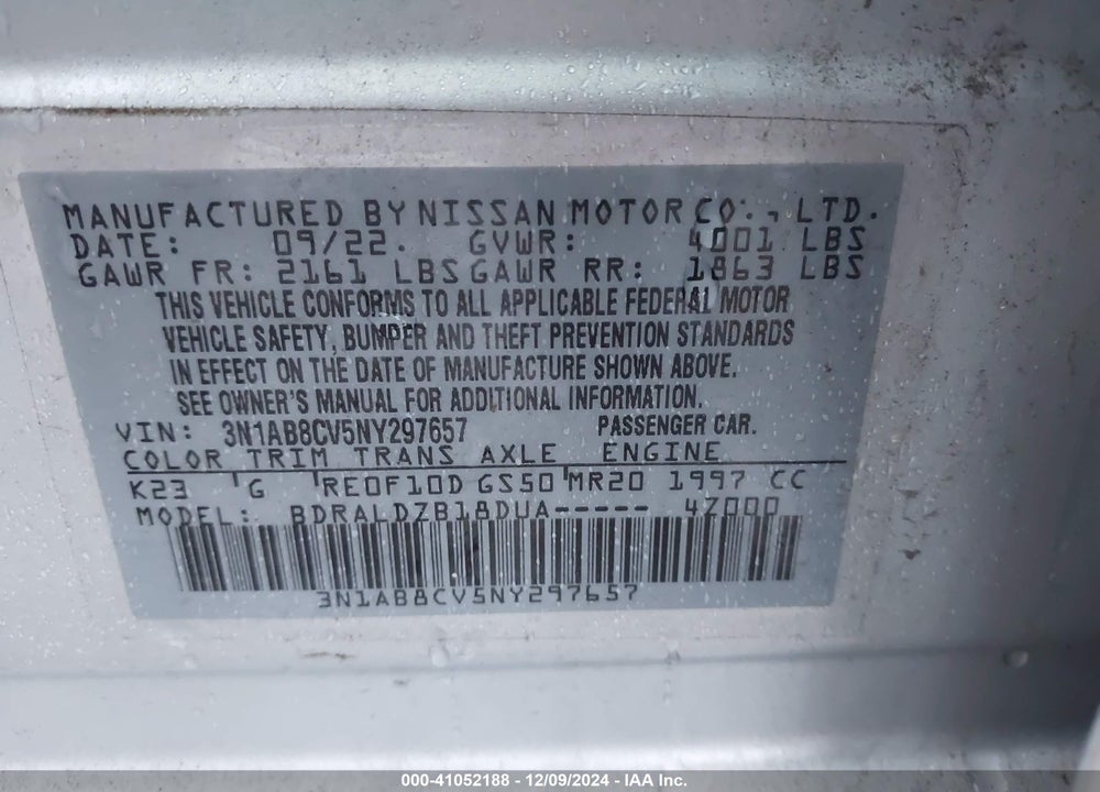 2022 NISSAN SENTRA VIN: 3N1AB8CV5NY297657