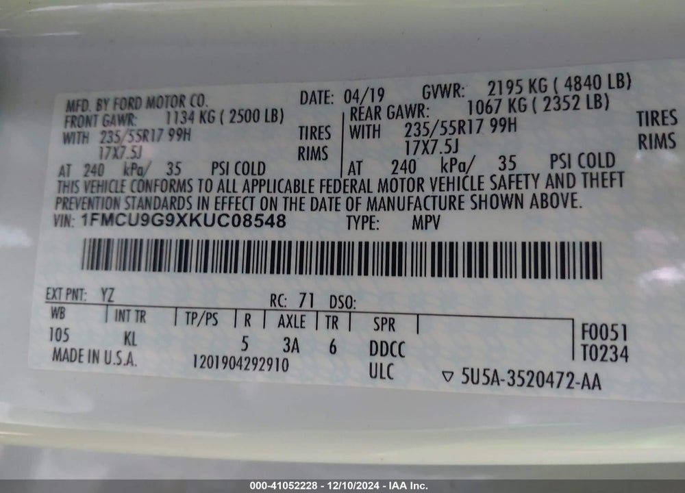2019 FORD ESCAPE SE VIN: 1FMCU9G9XKUC08548