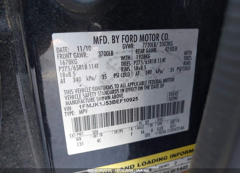 2011 FORD EXPEDITION EL XLT VIN: 1FMJK1J53BEF10925