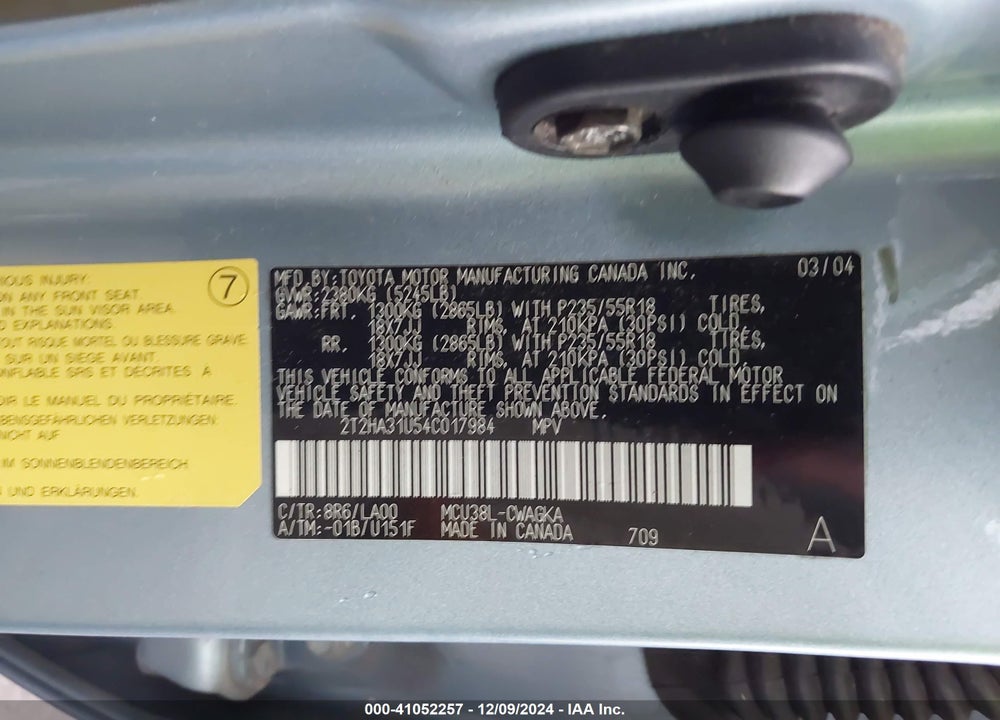 2004 LEXUS RX 330 VIN: 2T2HA31U54C017984
