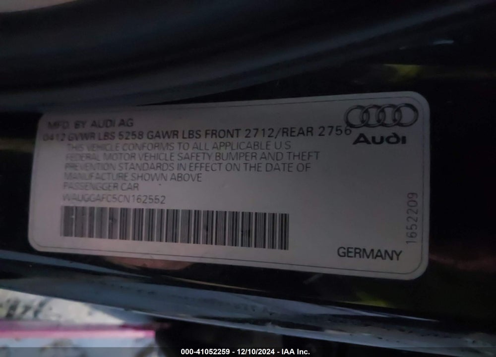 2012 AUDI A6 3.0 PREMIUM VIN: WAUGGAFC5CN162552