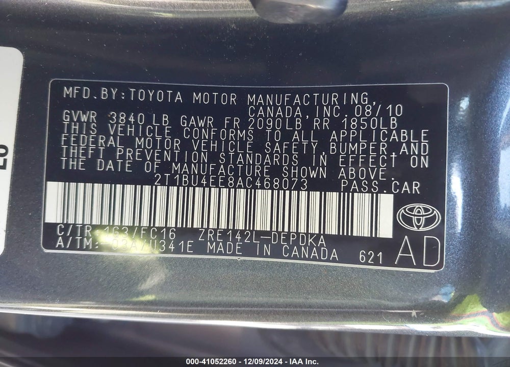 2010 TOYOTA COROLLA LE VIN: 2T1BU4EE8AC468073
