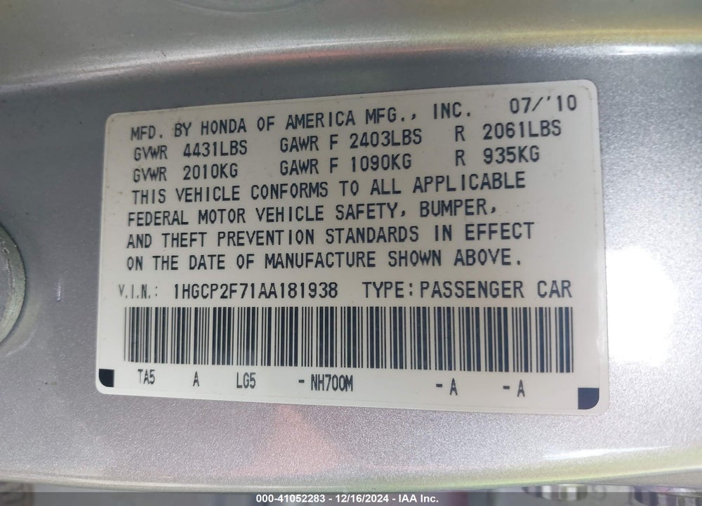 2010 HONDA ACCORD 2.4 EX VIN: 1HGCP2F71AA181938