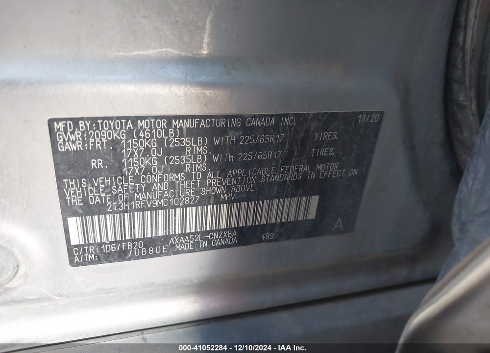 2021 TOYOTA RAV4 LE VIN: 2T3H1RFV9MC102827