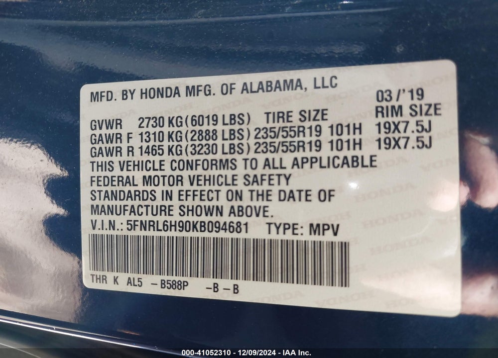 2019 HONDA ODYSSEY ELITE VIN: 5FNRL6H90KB094681