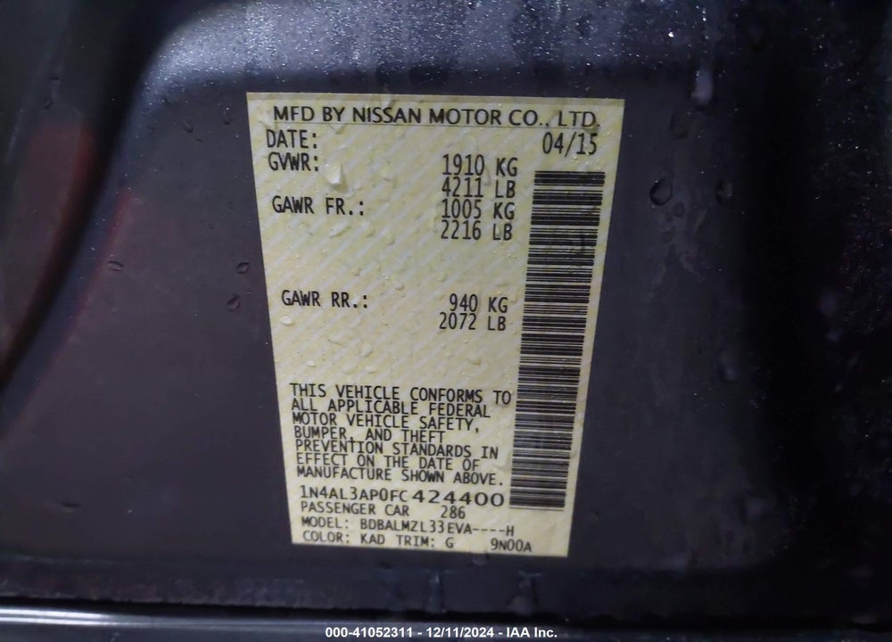 2015 NISSAN ALTIMA VIN: 1N4AL3AP0FC424400