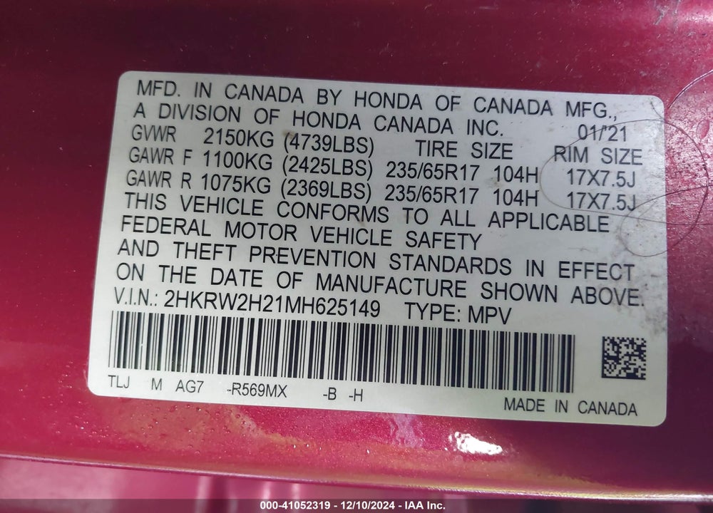 2021 HONDA CR-V AWD LX VIN: 2HKRW2H21MH625149