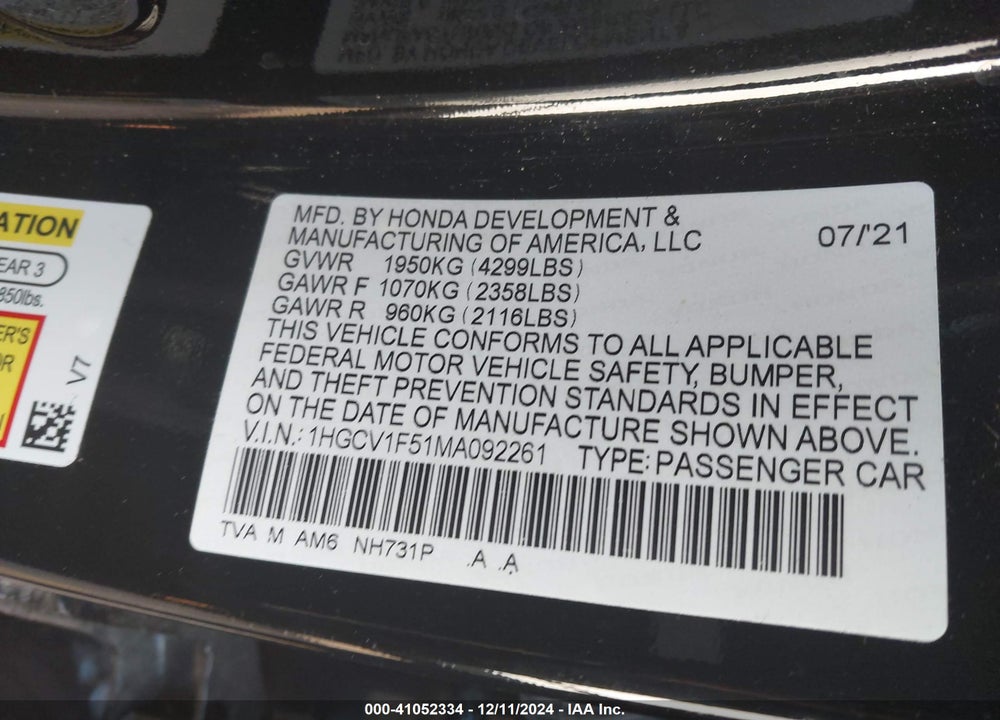 2021 HONDA ACCORD VIN: 1HGCV1F51MA092261