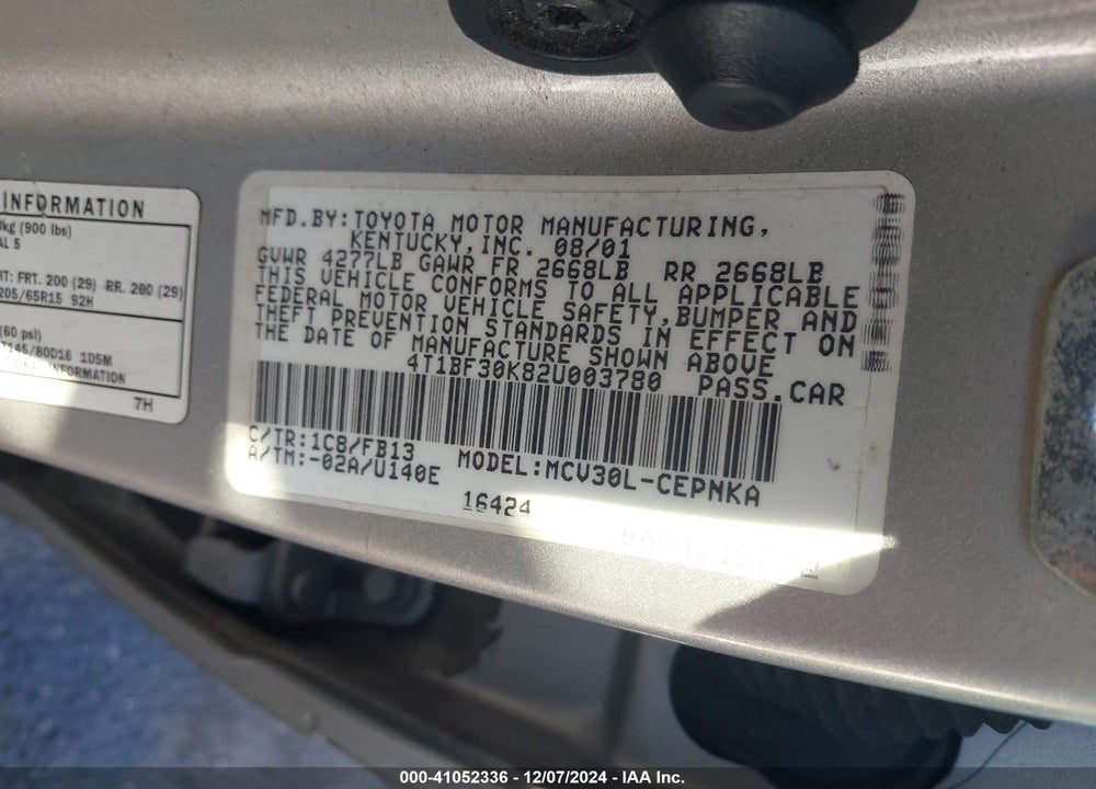 2002 TOYOTA CAMRY LE V6 VIN: 4T1BF30K82U003780