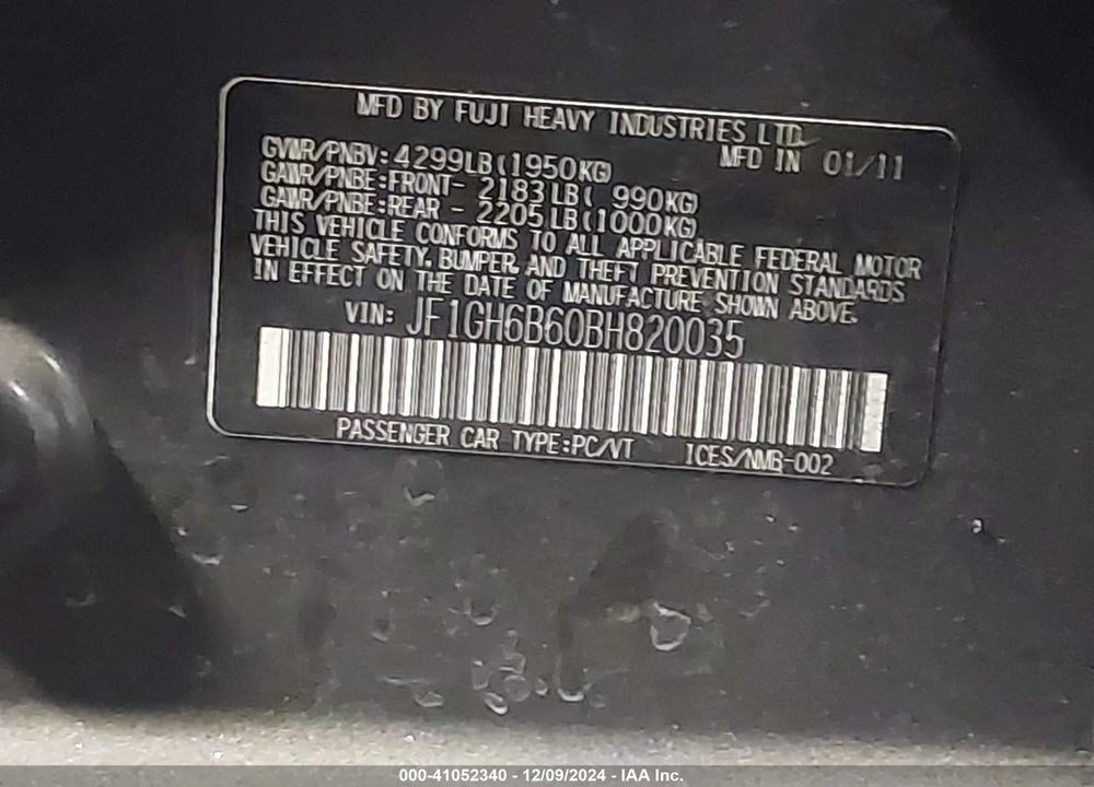 2011 SUBARU IMPREZA 2.5I PREMIUM VIN: JF1GH6B60BH820035