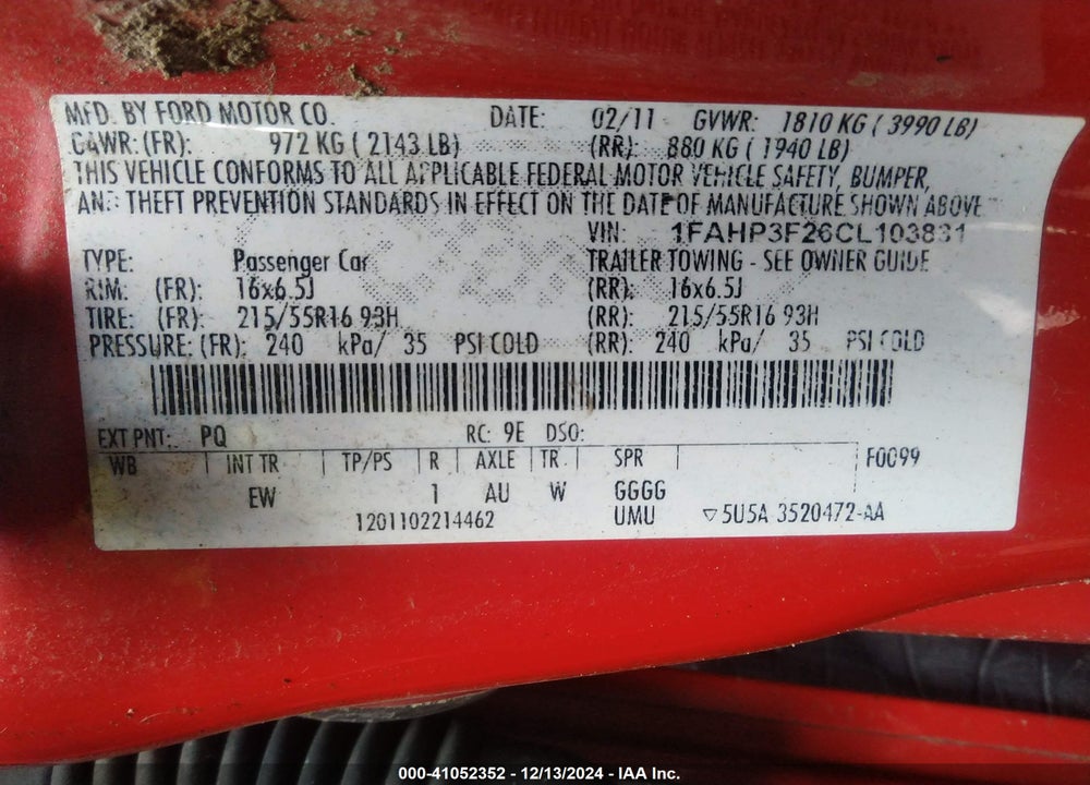 2012 FORD FOCUS SE VIN: 1FAHP3F26CL103831