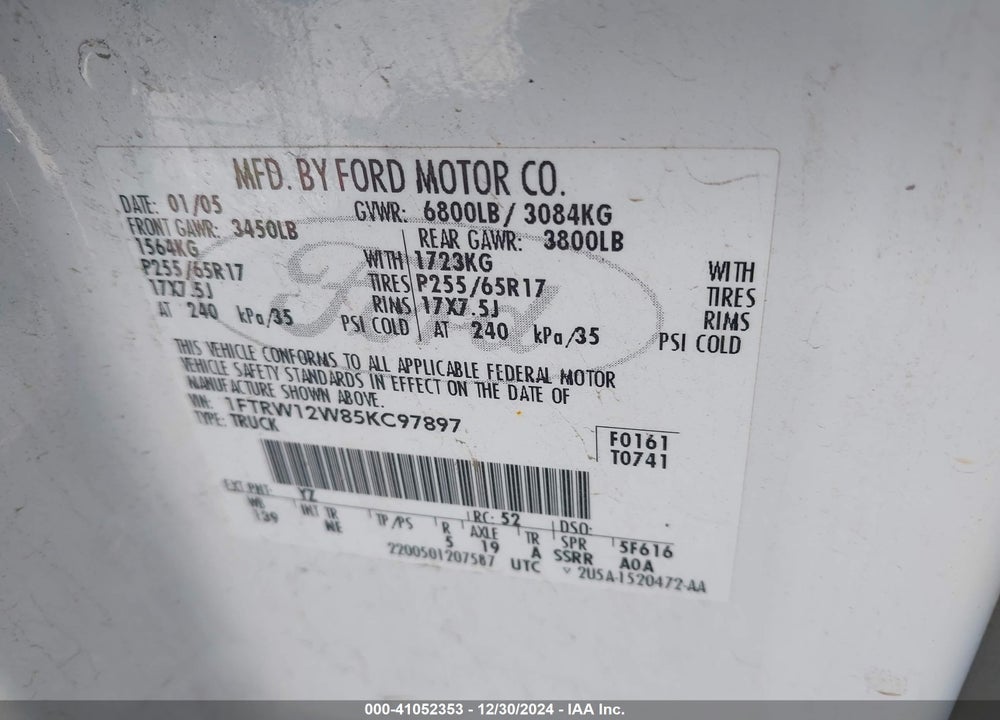 2005 FORD F-150 XLT VIN: 1FTRW12W85KC97897