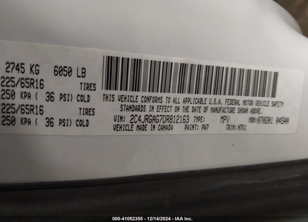 2013 RAM CARGO TRADESMAN VIN: 2C4JRGAG7DR812163