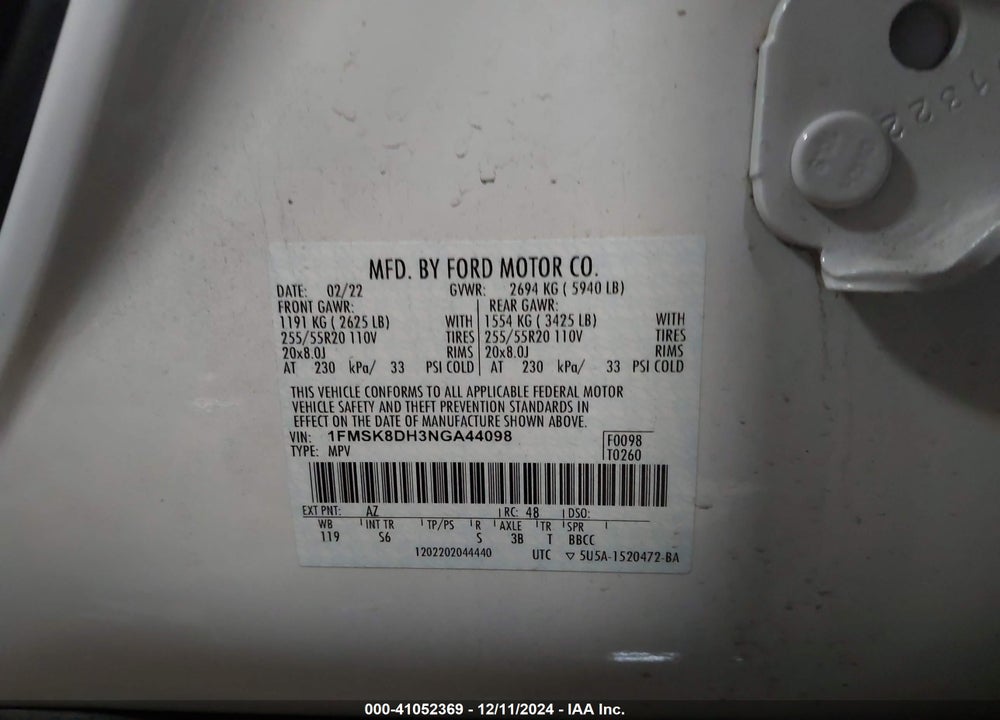 2022 FORD EXPLORER XLT VIN: 1FMSK8DH3NGA44098