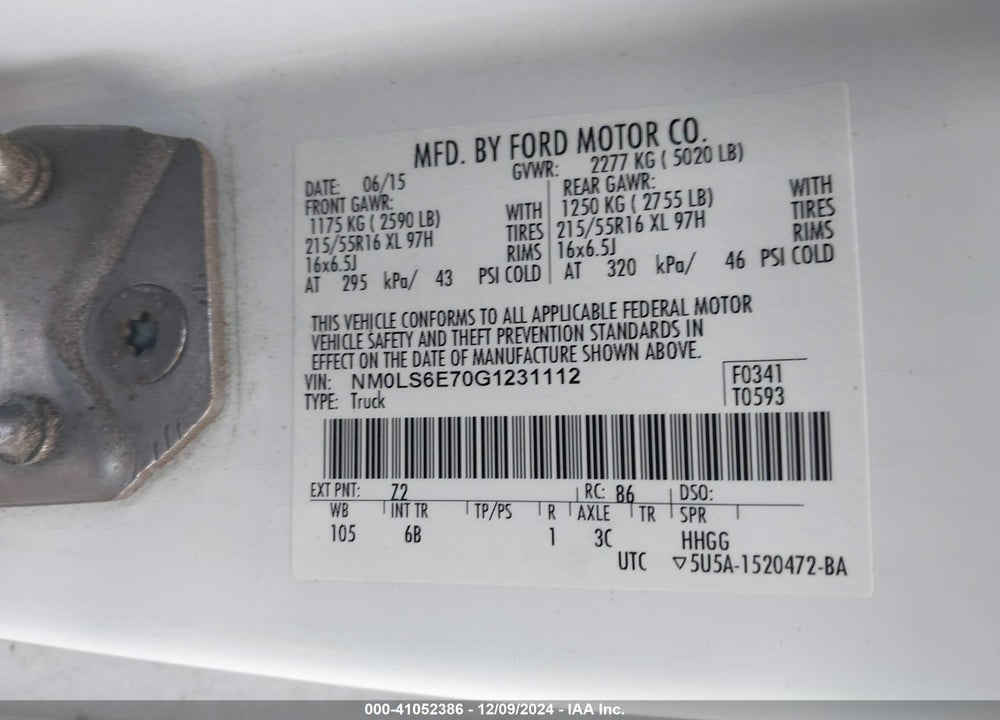 2016 FORD TRANSIT CONNECT XL VIN: NM0LS6E70G1231112