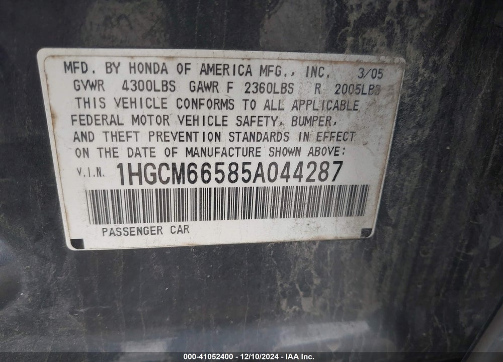 2005 HONDA ACCORD 3.0 EX VIN: 1HGCM66585A044287
