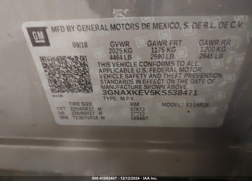 2019 CHEVROLET EQUINOX LT VIN: 3GNAXKEV5KS538471