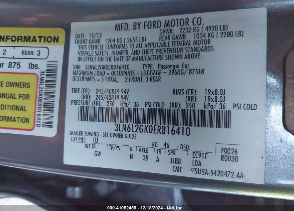 2014 LINCOLN MKZ VIN: 3LN6L2GK0ER816410