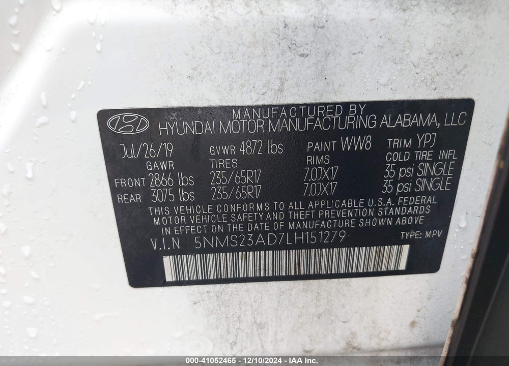 2020 HYUNDAI SANTA FE SE VIN: 5NMS23AD7LH151279