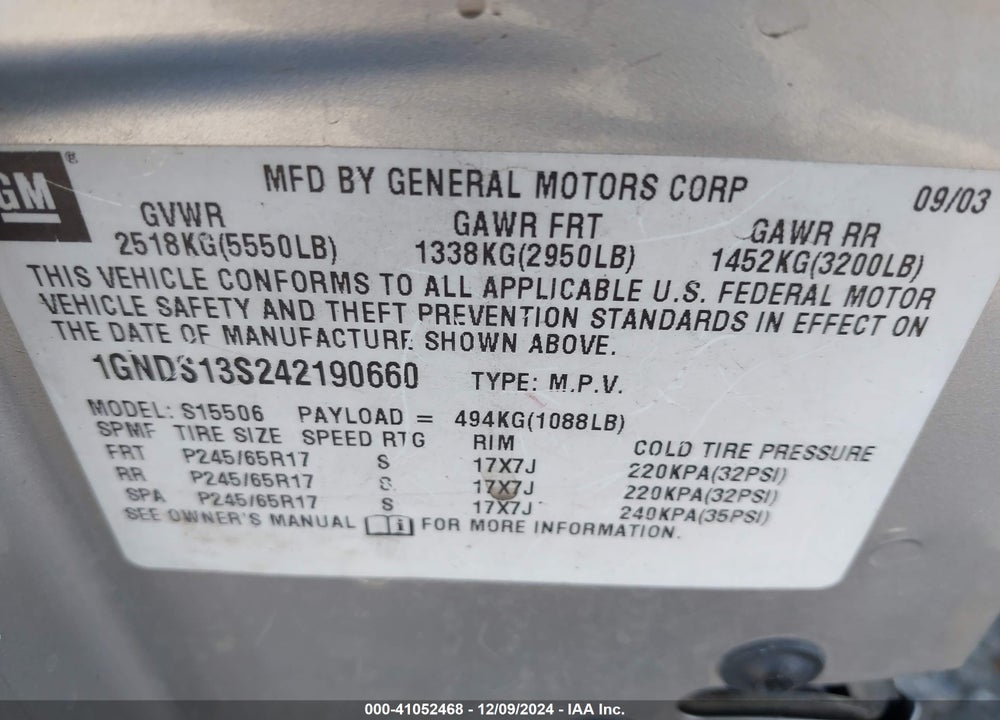 2004 CHEVROLET TRAILBLAZER LT VIN: 1GNDS13S242190660
