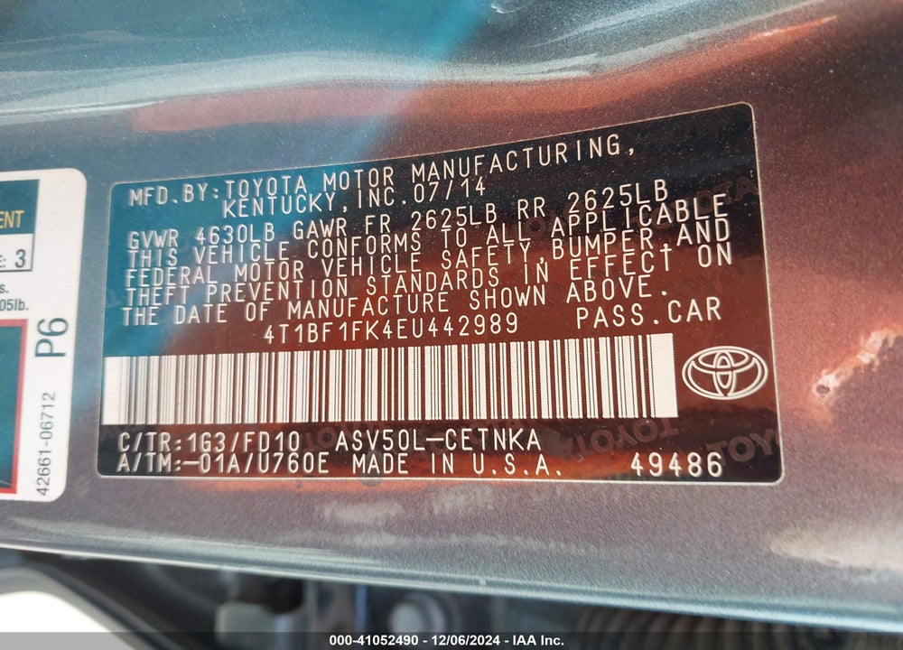 2014 TOYOTA CAMRY VIN: 4T1BF1FK4EU442989