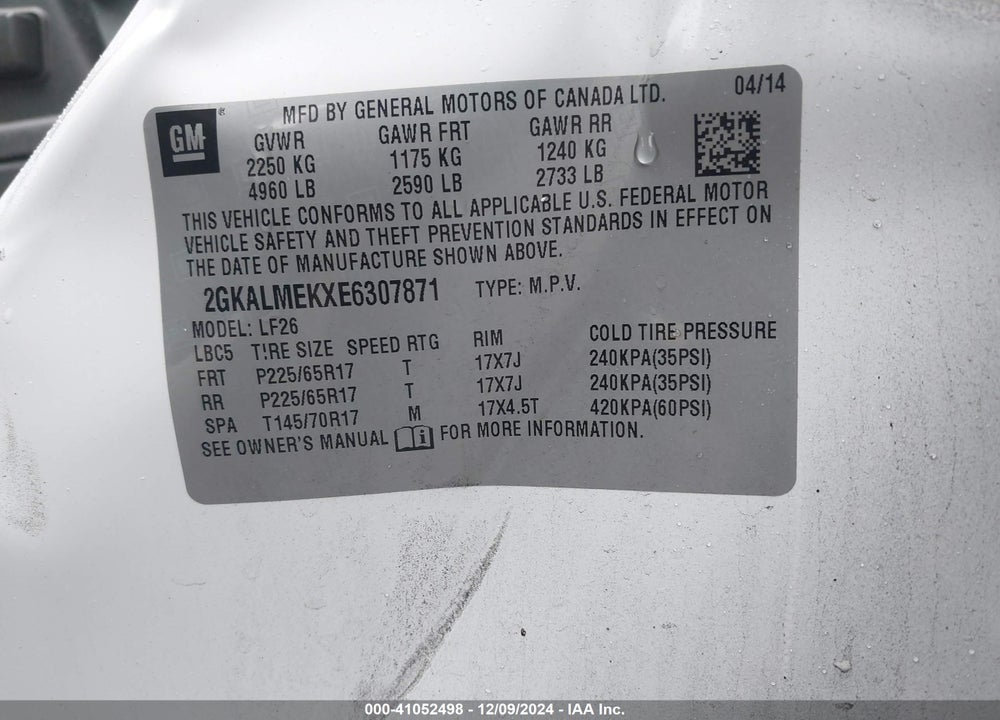 2014 GMC TERRAIN SLE-1 VIN: 2GKALMEKXE6307871