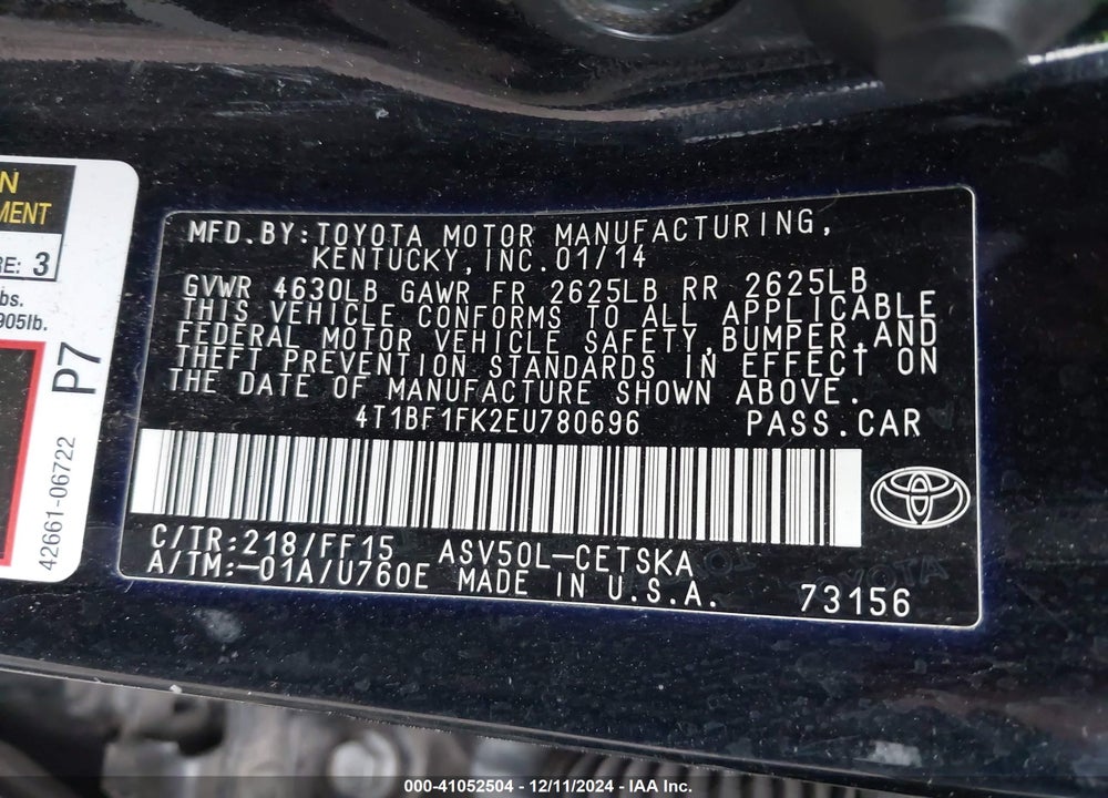 2014 TOYOTA CAMRY SE VIN: 4T1BF1FK2EU780696